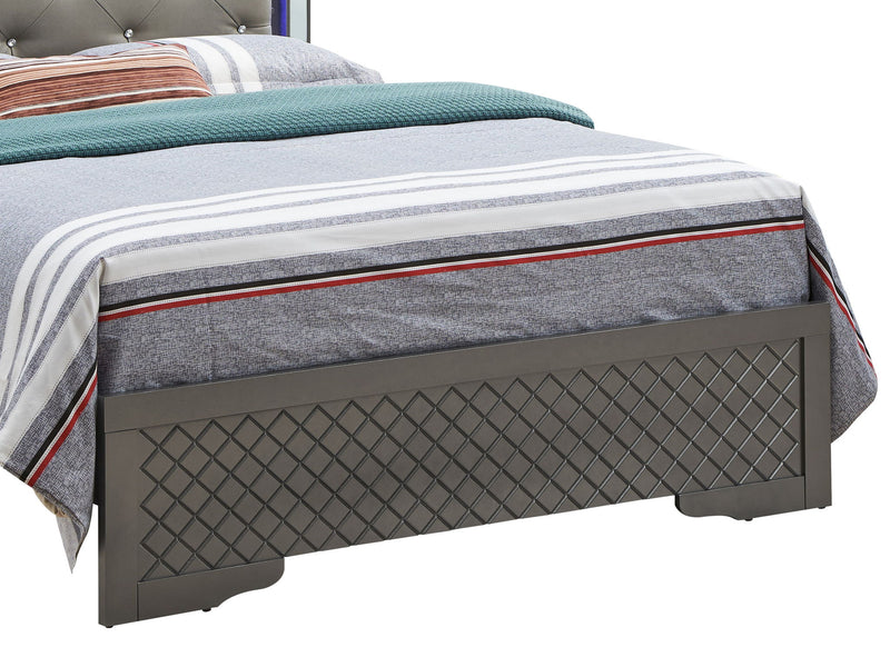 Upholstered bed with LED light accents on headboard, featuring plush fabric and modern design from Glory Furniture.