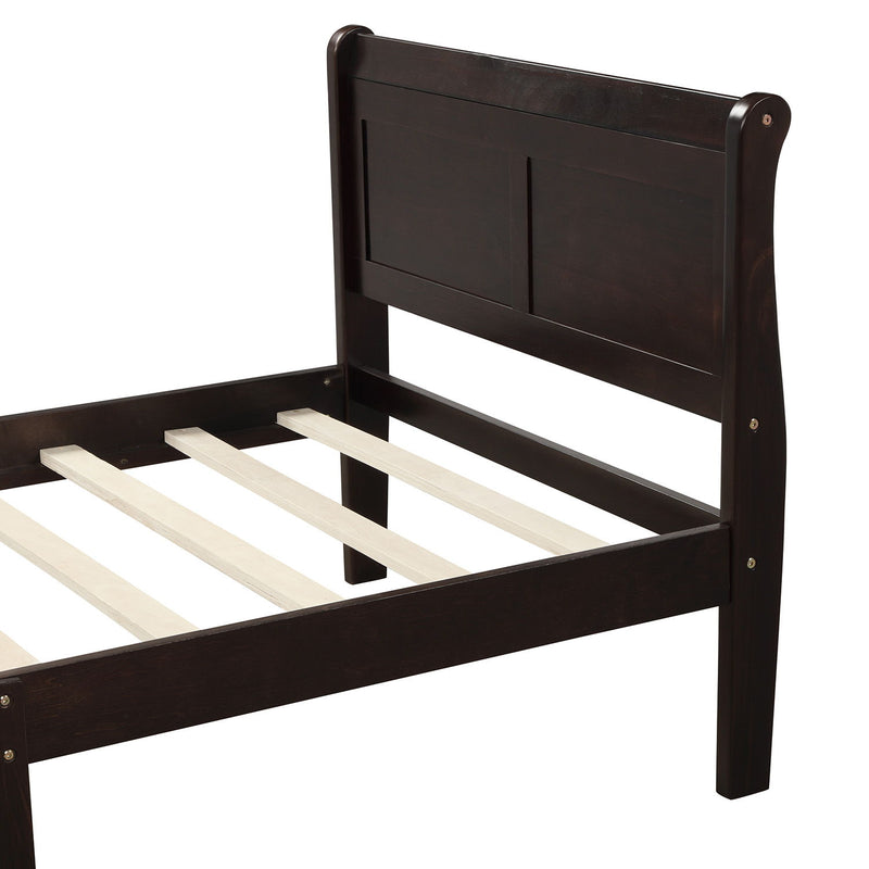 DreamHaus platform bed frame with wooden slats, sleigh-style headboard and footboard, designed for mattress support and style.