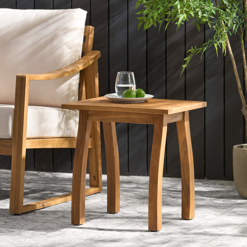 Noble House Kinesis outdoor side table with slatted top and wood frame, ideal for patio or garden seating areas.