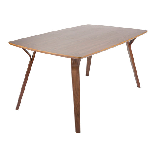 Lumi Source Folia Toriano 5-piece mid-century modern dining set with walnut finish and beige upholstered chairs in a dining room.