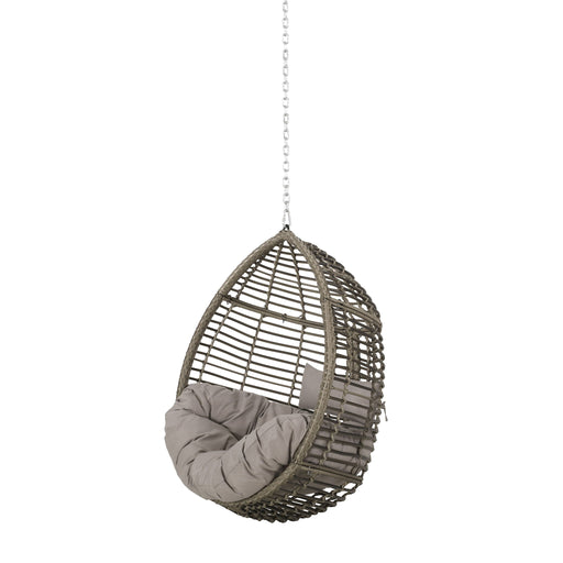 Noble House Morris Teardrop hanging chair with chain and water-resistant cushions, suspended for outdoor relaxation.