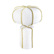 TOV Furniture Looma cotton mache table lamp with a white and green woven design on a wooden base.