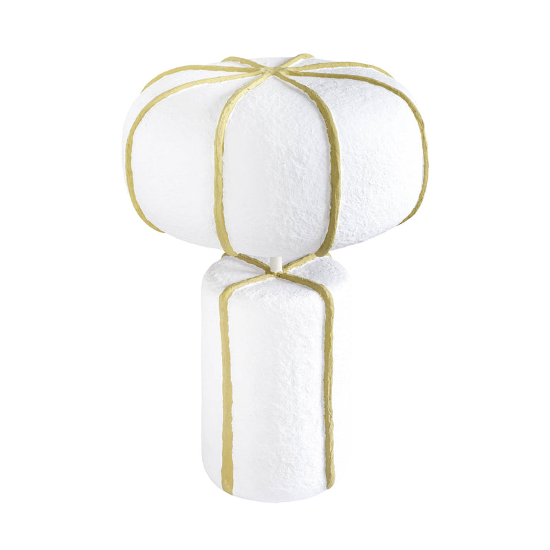 TOV Furniture Looma cotton mache table lamp with a white and green woven design on a wooden base.
