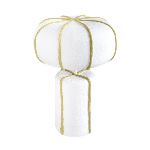 TOV Furniture Looma cotton mache table lamp with a white and green woven design on a wooden base.