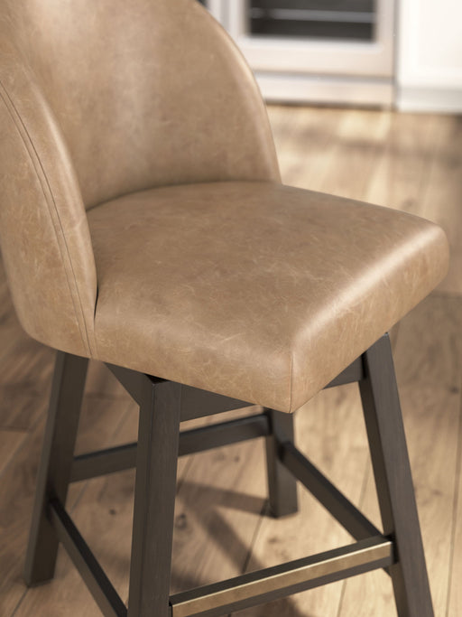 Neymorton - Upholstered Swivel Faux Leather Barstool (Set of 2) - Dark Grayish Brown - R&R Furniture Gallery (Fountain Valley, CA)