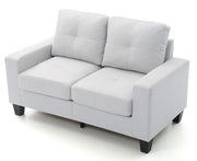 Glory Furniture Newbury track arm loveseat in cozy living space with plush cushions and neutral fabric upholstery.