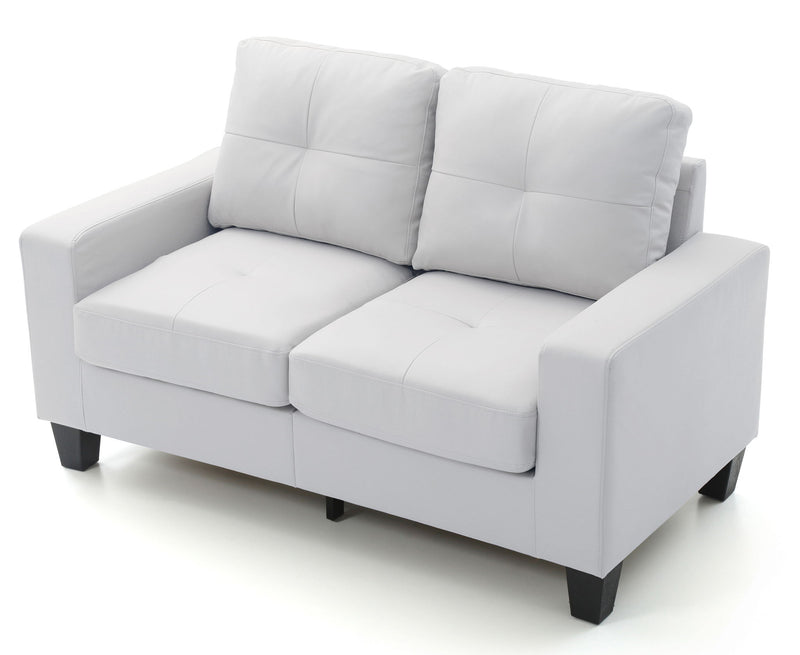 Glory Furniture Newbury track arm loveseat in cozy living space with plush cushions and neutral fabric upholstery.