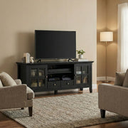 Simpli-Home Acadian TV media stand with open shelves and storage compartments, modern wooden design for living room entertainment setup.