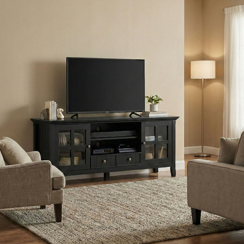 Simpli-Home Acadian TV media stand with open shelves and storage compartments, modern wooden design for living room entertainment setup.