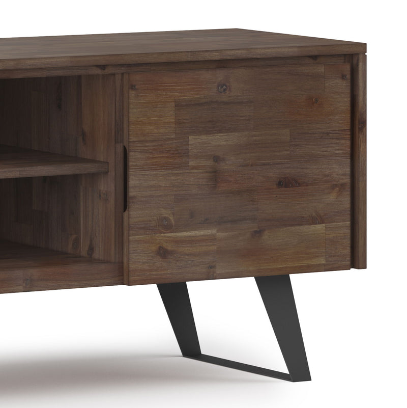 Rustic natural aged brown TV media stand by Simpli-Home, featuring wooden shelves and storage compartments for media devices.