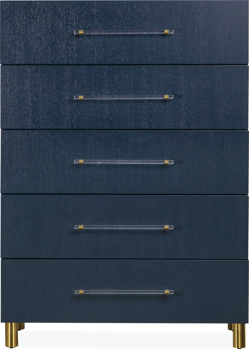 Argento Five Drawer Chest in Navy Blue and Burnished Brass (2024)
