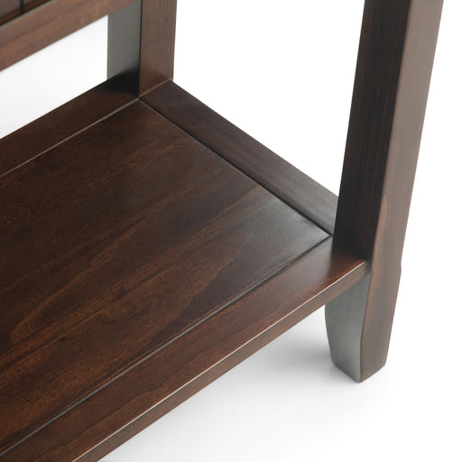 Simpli-Home Acadian wide console sofa table in brunette brown wood finish, featuring a sleek design and spacious surface.