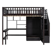 DreamHaus loft bed with integrated bookshelf, drawers, desk, and wardrobe, showcasing a modern multi-functional bedroom furniture piece.