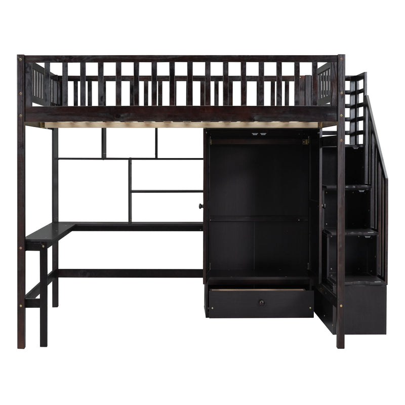 DreamHaus loft bed with integrated bookshelf, drawers, desk, and wardrobe, showcasing a modern multi-functional bedroom furniture piece.