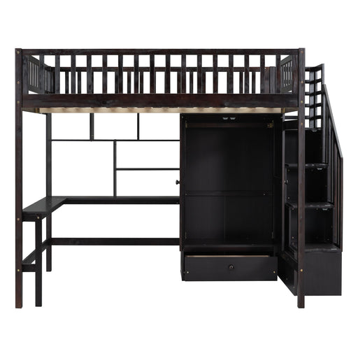 DreamHaus loft bed with integrated bookshelf, drawers, desk, and wardrobe, showcasing a modern multi-functional bedroom furniture piece.