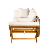 Noble House outdoor patio daybed sofa with three seats, foldable armrests, and four back pillows for comfortable outdoor lounging.