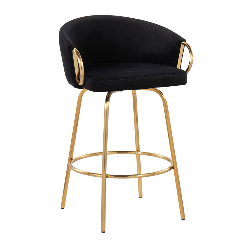 Pair of Lumi Source Claire contemporary glam counter stools with sleek metal legs and upholstered seats, set of two.