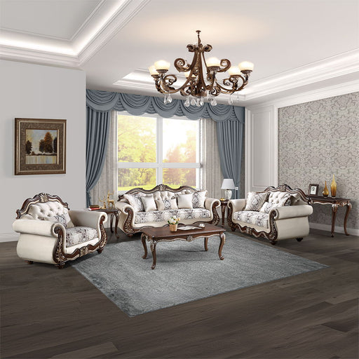 Pierce - Sofa With 5 Pillows - Beige Fabric & Cherry - R&R Furniture Gallery (Fountain Valley, CA)