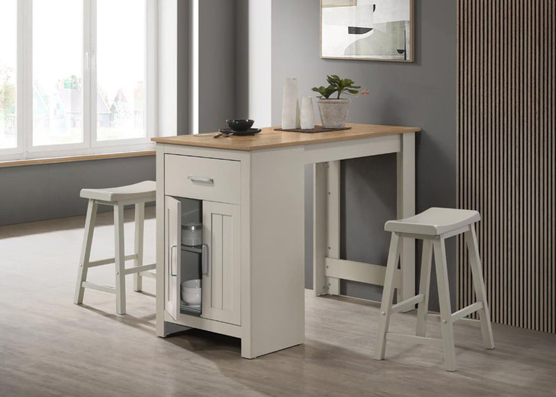 Lilola Home Alonzo small space counter height dining table with cabinet, drawer, and two ergonomic stools in a 3-piece set