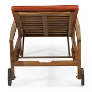 Noble House Jason chaise lounge with adjustable backrest and acacia wood frame for outdoor furniture relaxation.