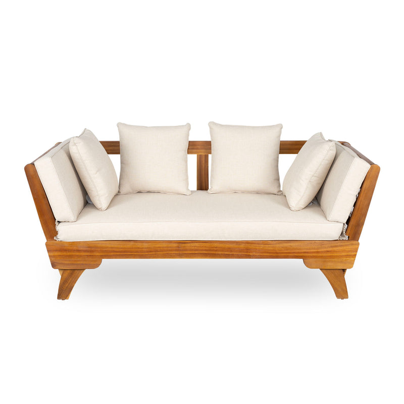 Noble House outdoor patio daybed sofa with three seats, foldable arms, and four back pillows, ideal for outdoor lounging.