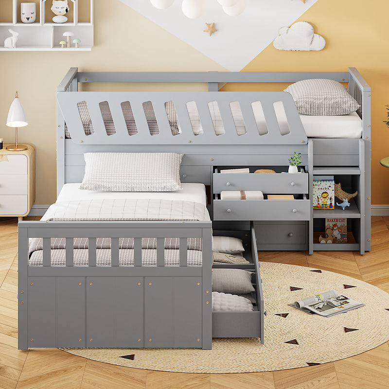 DreamHaus loft platform bed with seven drawers, full guardrails, and L-shaped design for space-saving modern bedroom setup.