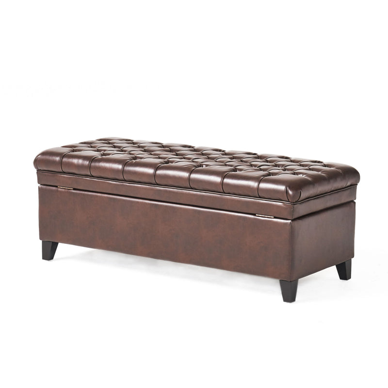 Noble House Juliana storage ottoman with beige fabric and birch wood legs, serving as a stylish, functional furniture piece.
