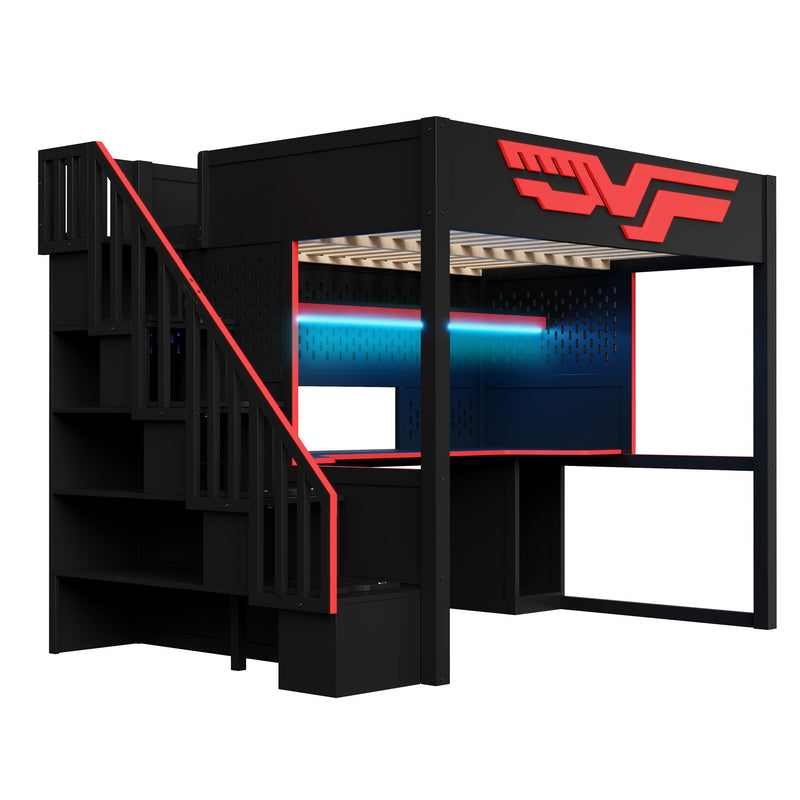 Full Gaming Loft Bed With Desk And Storage Staircase, LED Lights And USB - Red / Black - R&R Furniture Gallery (Fountain Valley, CA)