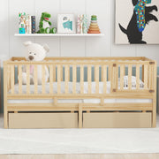 DreamHaus storage daybed with fence guardrails, two drawers, and split design for independent floor bed and daybed use.