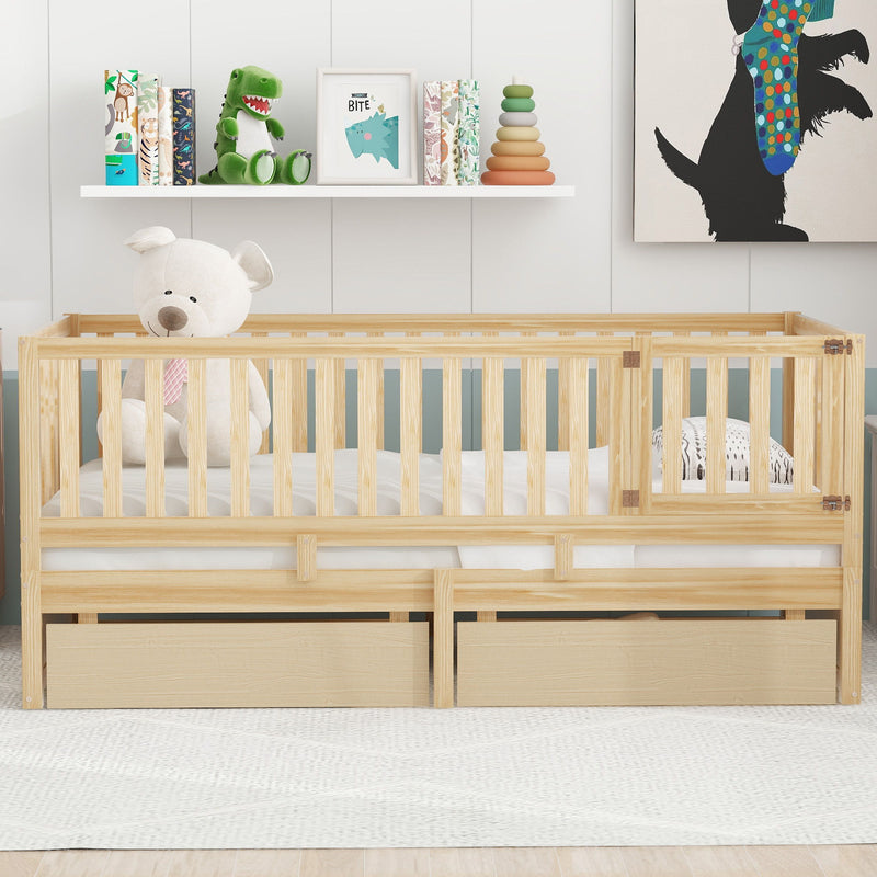 DreamHaus storage daybed with fence guardrails, two drawers, and split design for independent floor bed and daybed use.