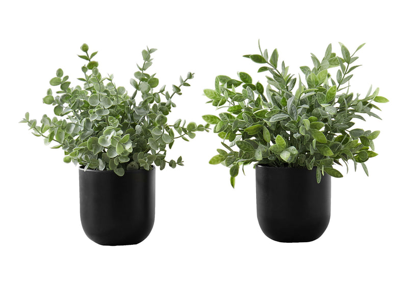 11" Tall, Artificial Plant, Eucalyptus Grass, Indoor, Faux, Fake, Table, Greenery, Potted, Decorative (Set of 2) - Green / Black - R&R Furniture Gallery (Fountain Valley, CA)