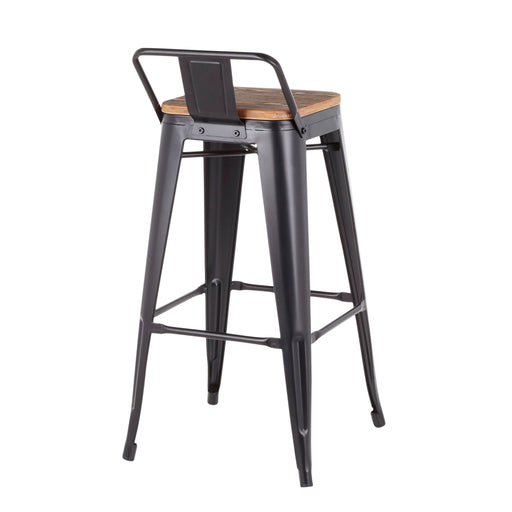 Lumi Source Oregon industrial low back black barstool set of 2 with metal frame and wooden seat for kitchen or bar area.