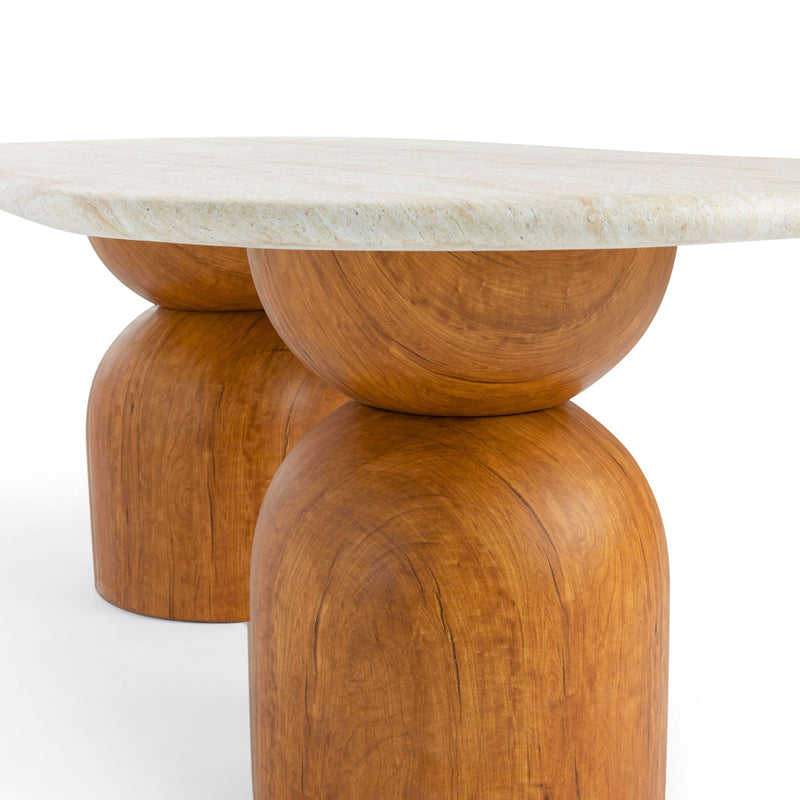 Brown indoor/outdoor dining table with travertine top and TOV Furniture branding, measuring 87 inches long.