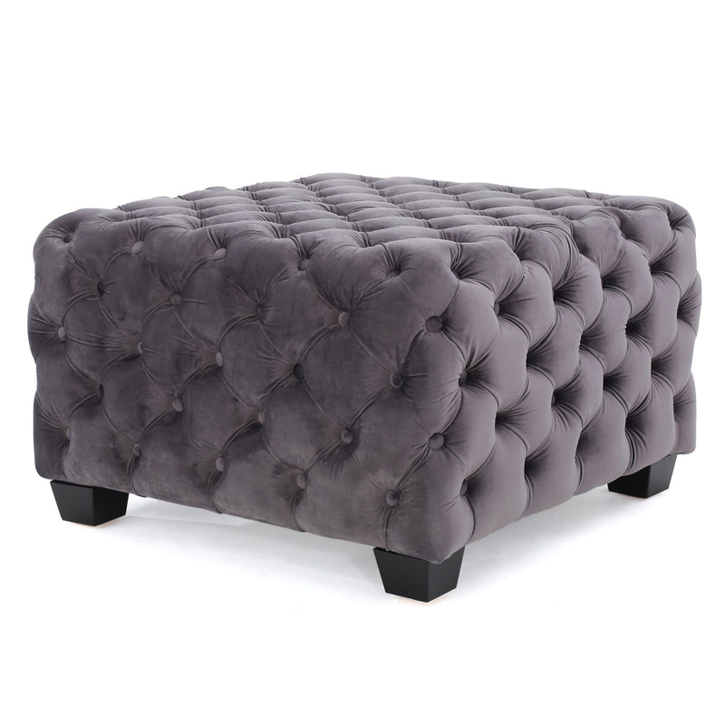 Noble House modern glam upholstered ottoman with button tufted design and plush fabric, perfect for stylish living room decor.