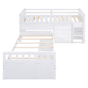 DreamHaus loft platform bed with seven drawers, full guardrails, and L-shaped design for space-saving modern bedroom.