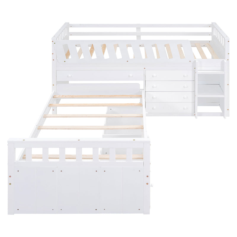 DreamHaus loft platform bed with seven drawers, full guardrails, and L-shaped design for space-saving modern bedroom.
