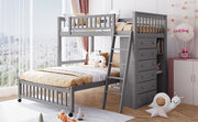 DreamHaus bunk bed with six drawers, flexible shelves, and a bottom bed on wheels, featuring a sturdy wooden frame and modern design.