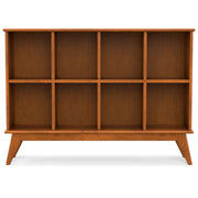Simpli-Home Draper handcrafted low bookcase with cube organizers, featuring open shelves and a rustic wood finish.