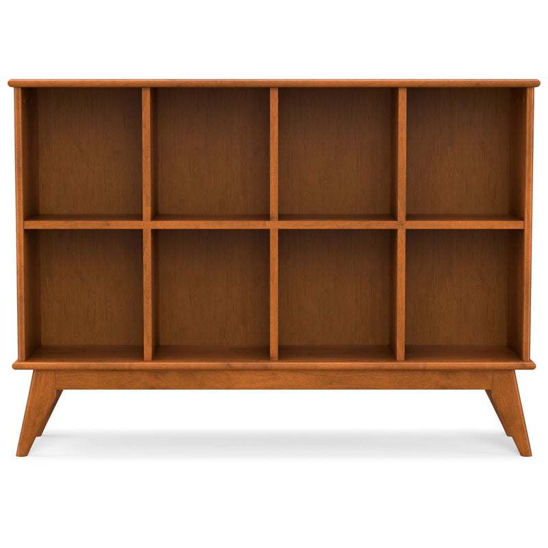 Simpli-Home Draper handcrafted low bookcase with cube organizers, featuring open shelves and a rustic wood finish.