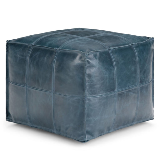 Simpli-Home Manning Square Pouf in teal fabric, versatile accent pouf for living room or seating area.