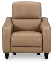 Ashley Mosswell power recliner with adjustable headrest in toffee leather, showcasing plush cushioning and modern design.