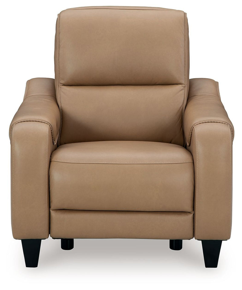 Ashley Mosswell power recliner with adjustable headrest in toffee leather, showcasing plush cushioning and modern design.