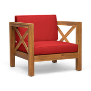 Noble House Brava mid-century modern arm chair with water-resistant cushions, featuring sleek design and comfortable seating.
