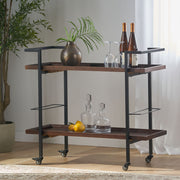 Modern industrial Noble House bar cart with shelving and casters, featuring a sleek metal frame and wooden shelves for stylish storage.