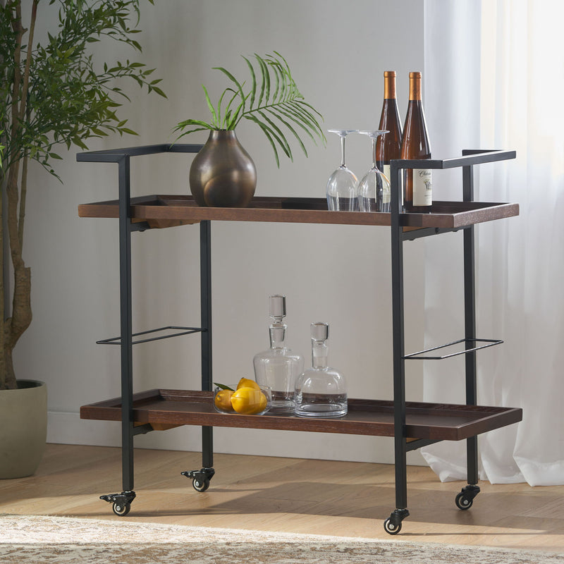 Modern industrial Noble House bar cart with shelving and casters, featuring a sleek metal frame and wooden shelves for stylish storage.