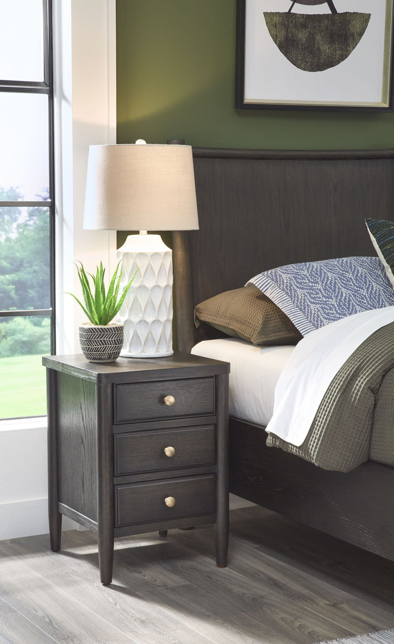 Modus Rockport three-drawer small nightstand in Yin finish, featuring a sleek standalone design with modern hardware.