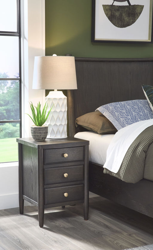 Modus Rockport three-drawer small nightstand in Yin finish, featuring a sleek standalone design with modern hardware.