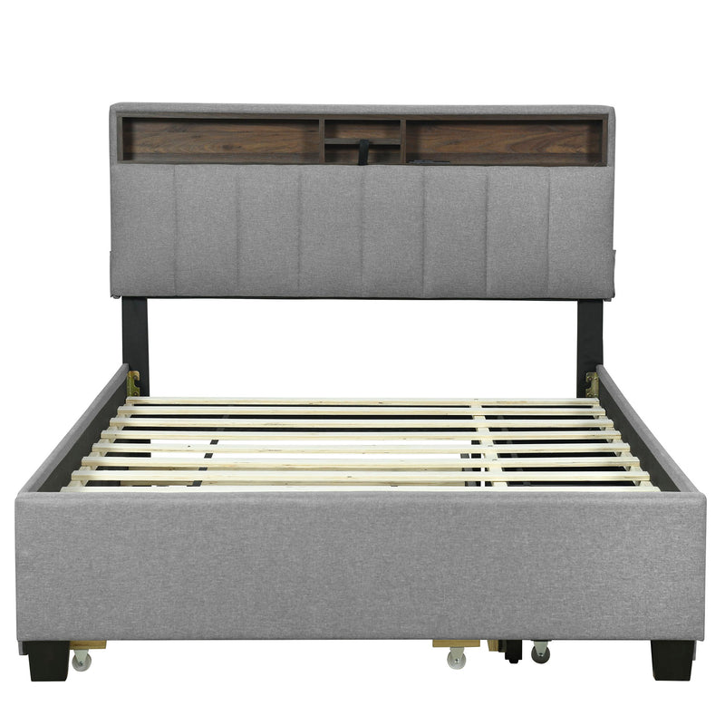Upholstered Platform Bed With Storage Headboard, Trundle & 2 Drawers And A Set Of Sockets & USB Ports - R&R Furniture Gallery (Fountain Valley, CA)