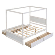 DreamHaus canopy platform bed with built-in drawers, support slats, and no box spring needed, shown in a modern bedroom setting.