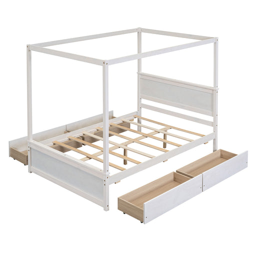 DreamHaus canopy platform bed with built-in drawers, support slats, and no box spring needed, shown in a modern bedroom setting.